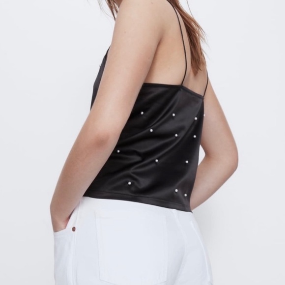 Zara black pearl studded crop cami top - Picture 2 of 7